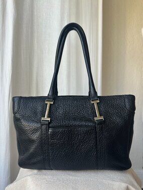 Isaac Mizrahi New York Black Pebbled Leather Shoulder Tote Bag Gold Hardware